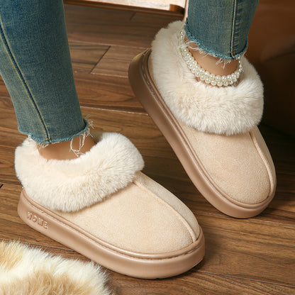 2025 Cross-Border New Pure Color Suede Splicing Home Slippers Thick-Soled Non-Slip Plush Warm Couple Cotton Shoes for Women