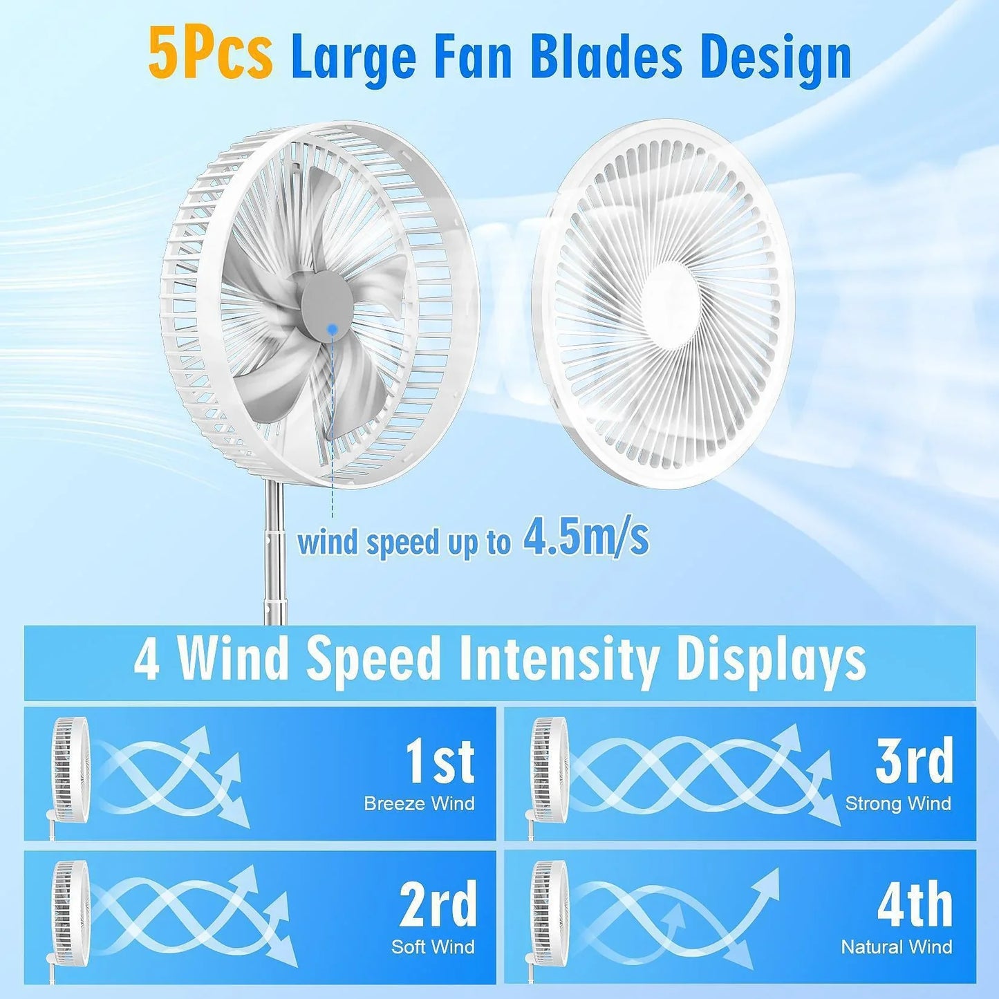 XIAOTREE Wireless Folding Desk Fan Telescopic Outdoor Travel Camping Floor Fan With 7200 mAh USB Rechargeable Fan Standing Fan