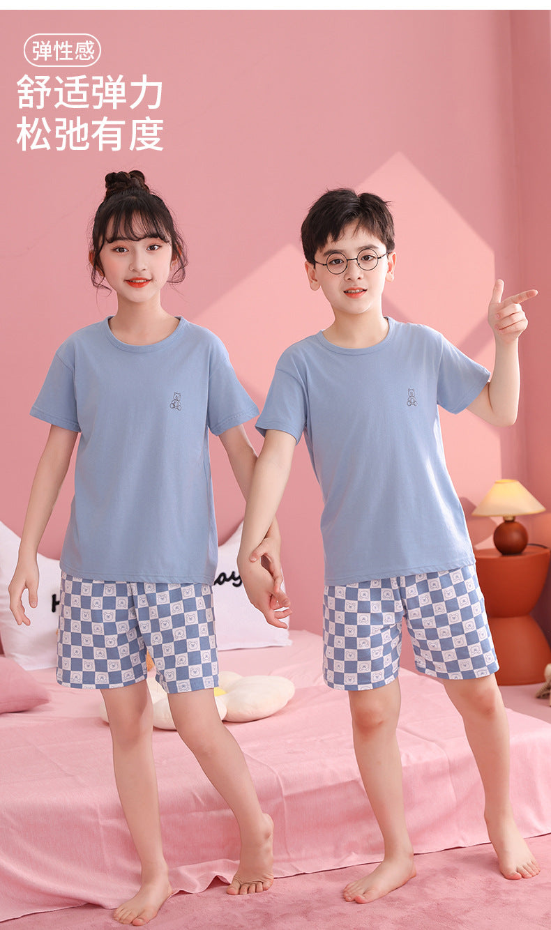 Children's Pajamas, Pure Cotton, Summer Short-Sleeved Shorts Set for Boys, Home Clothes for Girls, Air-Conditioned Clothes for Middle-Aged and Older Boys