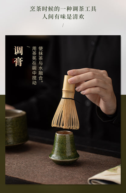 Yao Bian Bamboo Style Ceramic Matcha Four-Piece Set Japanese Matcha Making Tools Tea Bowl Tea Whisk Stand Tea Brush Tea Spoon Accessories