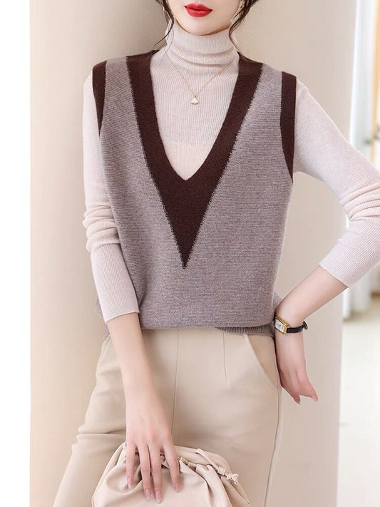 Woolen sweater knitted vest for women 2023 Autumn New sleeveless stacked color matching V-neck wool warm vest waistcoat by PDG ibma