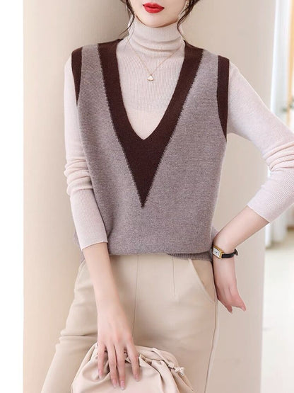 Woolen sweater knitted vest for women 2023 Autumn New sleeveless stacked color matching V-neck wool warm vest waistcoat