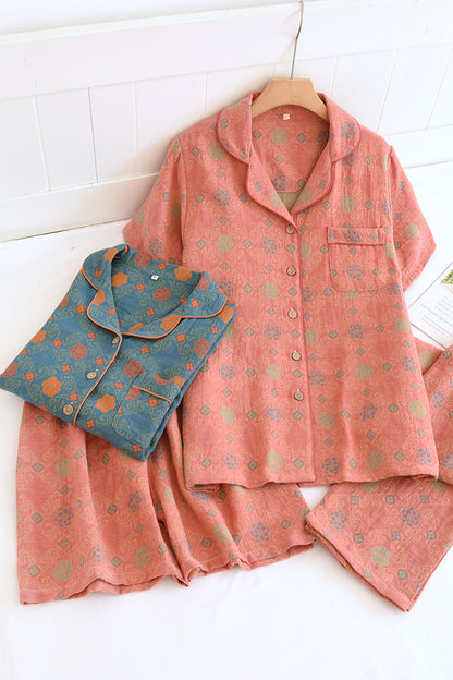 Yarn-dyed cotton pajamas women's summer short-sleeved printed summer retro loose home wear three-piece set can be worn outside