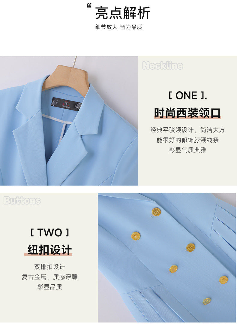 Spring and summer blue short-sleeved dress women's 2025 high-grade double-breasted professional suit collar mid-length skirt