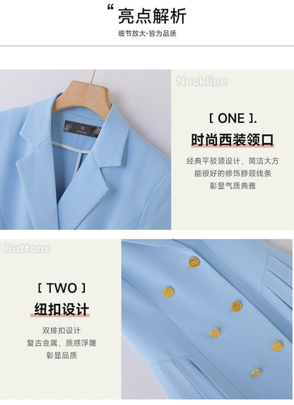 Spring and summer blue short-sleeved dress women's 2025 high-grade double-breasted professional suit collar mid-length skirt