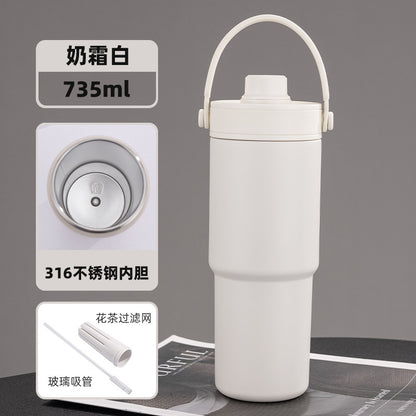 Cross-border high-value 316 stainless steel thermos cup large-capacity double-drink ceramic liner car cup portable handle cup