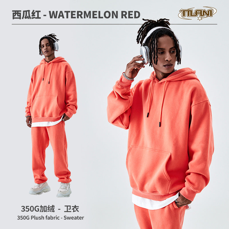 Tilani Men's Clothing European and American Trendy Brand High Quality 350g Fleece-Lined Thick Men's and Women's Hooded Sweatshirt and Sweatpants Pure Color Suit