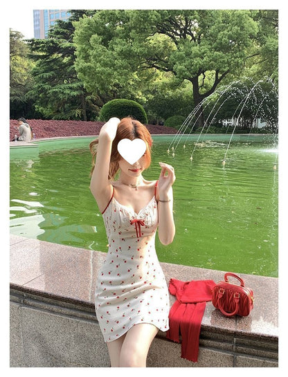 Plus Size Fat mm French Sweet Sexy Sweet Contrasting Suspender Skirt Women's Summer Red Cardigan + Floral Skirt Two-Piece Set