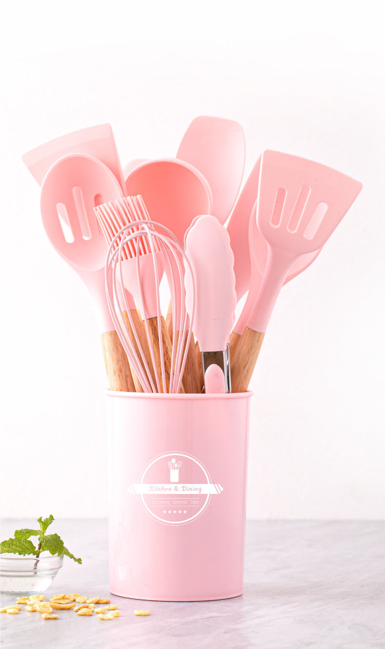 Wholesale Wooden Handle Silicone Kitchenware 12 Pieces suit Household Non-Stick Cooking High Temperature Resistant Cooking Silicone Spoon suit