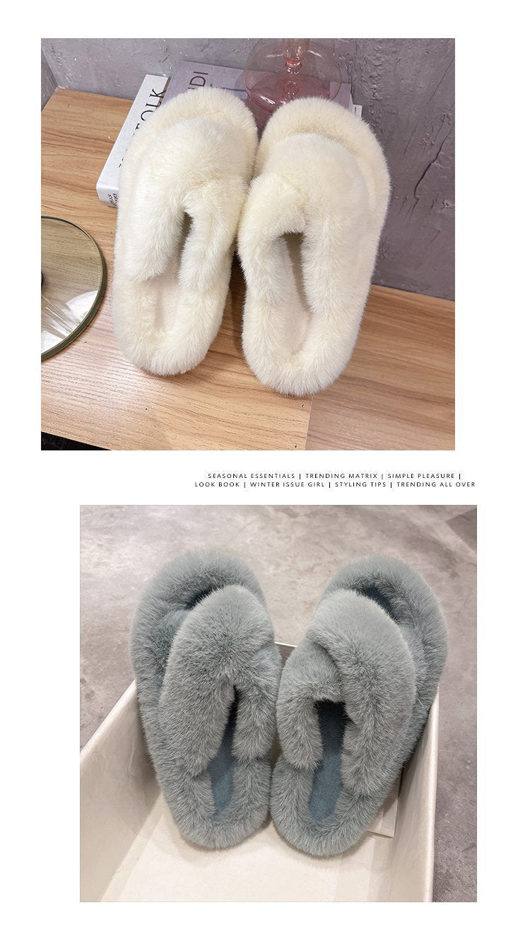 Foreign Trade Furry Slippers for Women 2025 Autumn and Winter New Korean Style Lazy Outer Wear Cross Thick-Soled Open-Toe Slippers for Outer Wear
