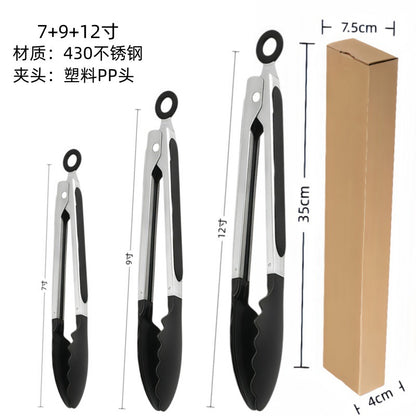 Cross-Border High-Temperature Resistant Steak Grilling Tongs 430 Stainless Steel Anti-Scalding Thickened Barbecue Tongs Kitchen Tools Food Tongs