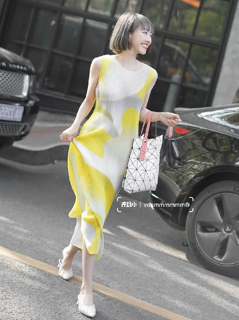 In Stock Miyake Dress Printed Elegant Elegant High-End Loose Slimming Look Elegant Round Neck Sleeveless Pleated Skirt