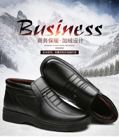 2022 Winter fleece-lined warm plush high-top leather shoes men's middle-aged and elderly dad shoes cotton-padded shoes non-slip slip slip-on men's shoes