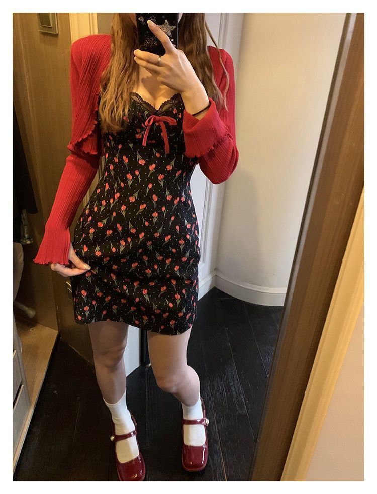 Plus Size Fat mm French Sweet Sexy Sweet Contrasting Suspender Skirt Women's Summer Red Cardigan + Floral Skirt Two-Piece Set
