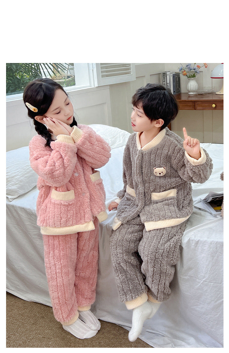 Boys and Girls Pajamas Cotton Velvet Home Clothes Autumn and Winter Children's Winter Pajamas Western Style Thickened Pajamas