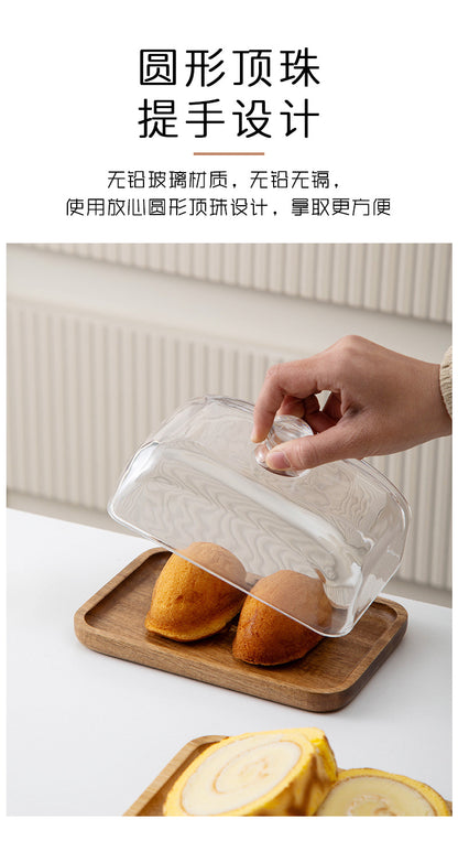 Bamboo and Wood Cake Plate Transparent Glass Display Dinner Plate Dessert Cake Western Food Plate with Table Cream Plate Cross-border Foreign Trade