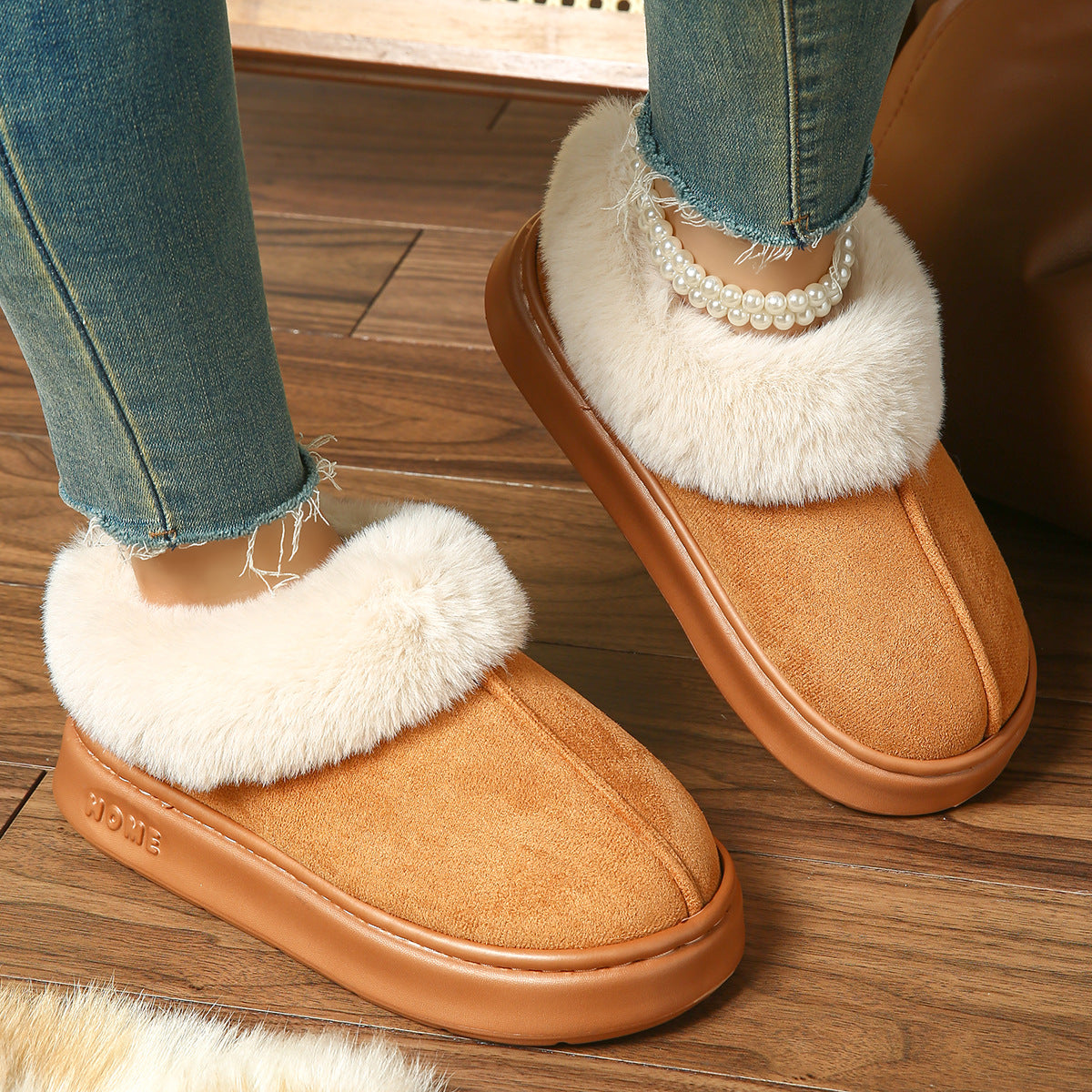 2025 Cross-Border New Pure Color Suede Splicing Home Slippers Thick-Soled Non-Slip Plush Warm Couple Cotton Shoes for Women