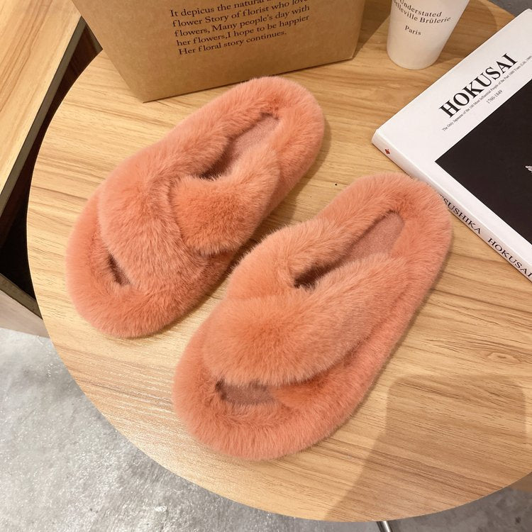 Foreign Trade Furry Slippers for Women 2025 Autumn and Winter New Korean Style Lazy Outer Wear Cross Thick-Soled Open-Toe Slippers for Outer Wear