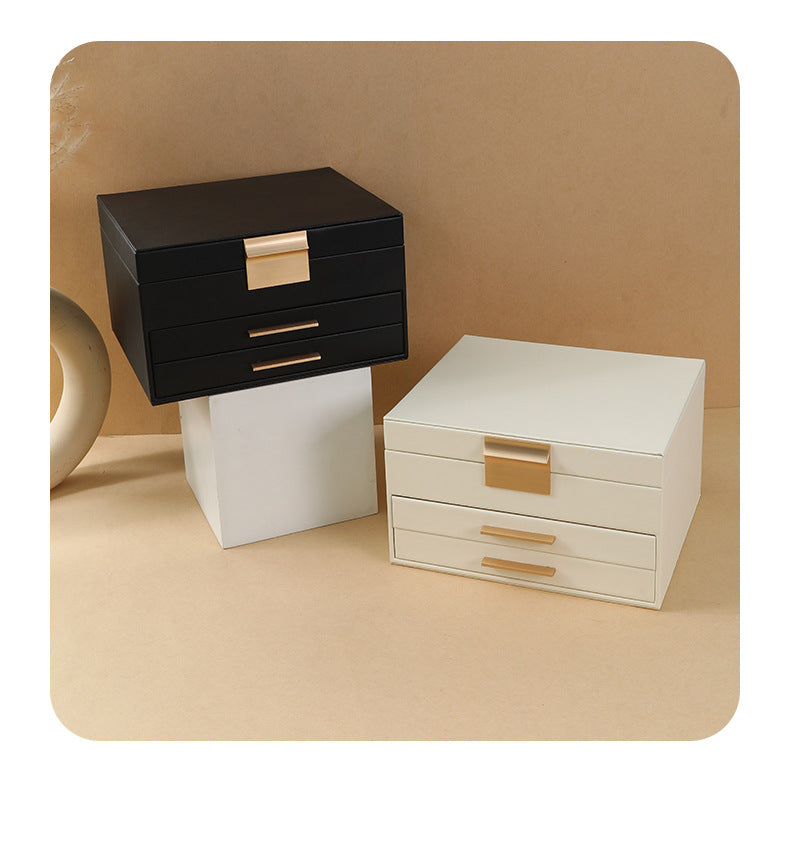 Cross-border PU three-layer cosmetic mirror with LED light high-end jewelry box earring ring necklace bracelet princess jewelry box