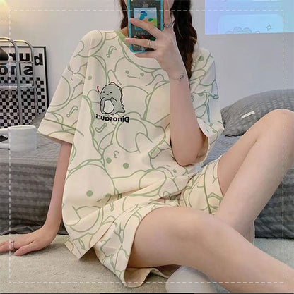 New Style Pajamas Women's Summer Short-sleeved Pullover Thin Cartoon Cartoon Bear Girl Home Clothes suit Women's Outwear