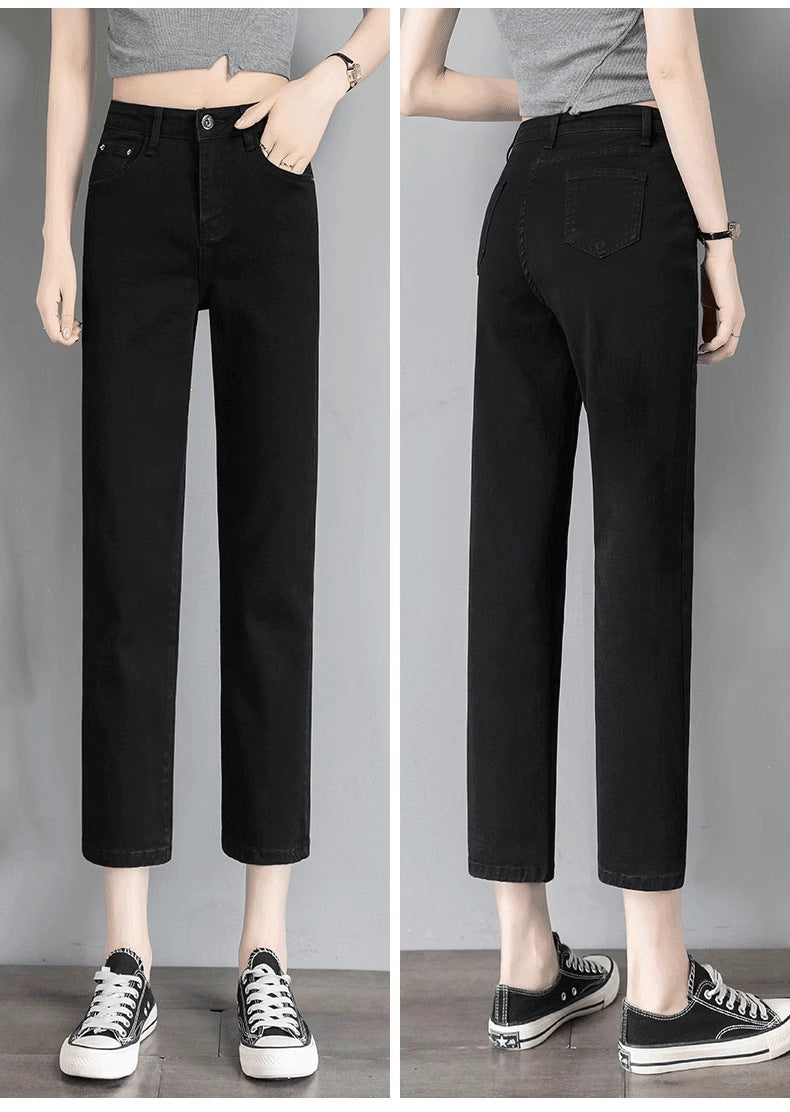 Black Straight-Leg Jeans for Women, 2026 New Summer Thin Style, Petite High-Waisted Slimming Cropped Cigarette Pants