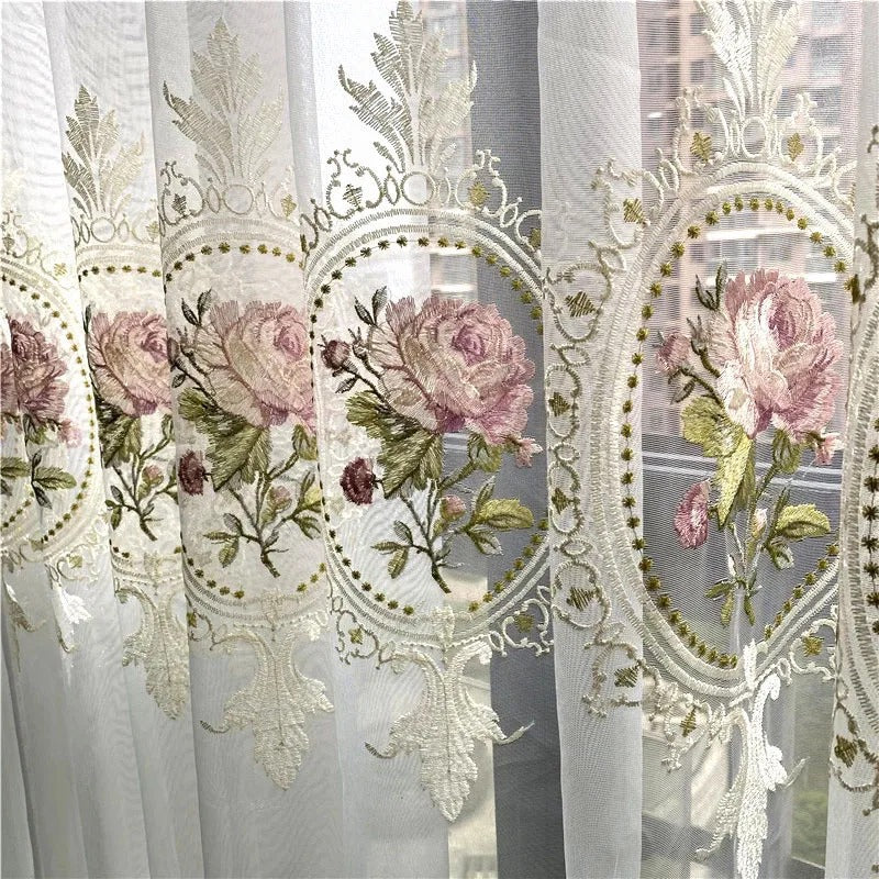 American Luxury Peony Embroidery Tulle Curtains for Living Room European Elegant Flower Embroidered Sheer Voile Bedroom Window