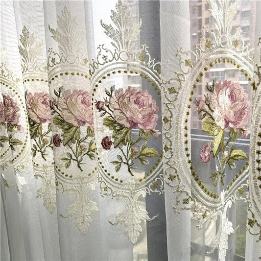 American Luxury Peony Embroidery Tulle Curtains for Living Room European Elegant Flower Embroidered Sheer Voile Bedroom Window