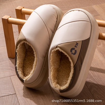 New Leather Waterproof Cotton Slippers for Women in Winter Indoor Thick-Soled Warm Home Fleece-Lined Bag and Couple Wool Slippers for Men