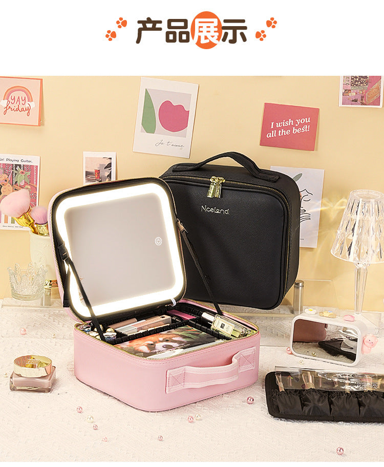 New Style Cosmetic Bag with Light and Mirror Led Light Rechargeable Portable Travel Makeup Cosmetics Cosmetics Bag Ins Style