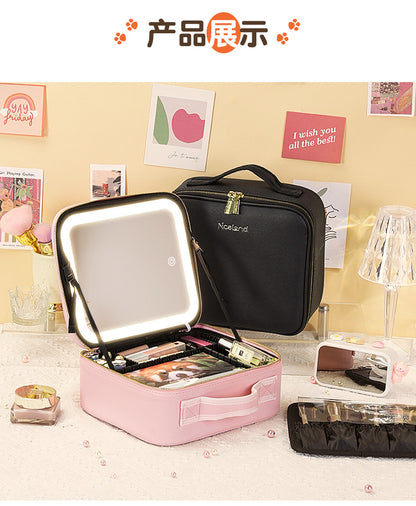 New Style Cosmetic Bag with Light and Mirror Led Light Rechargeable Portable Travel Makeup Cosmetics Cosmetics Bag Ins Style