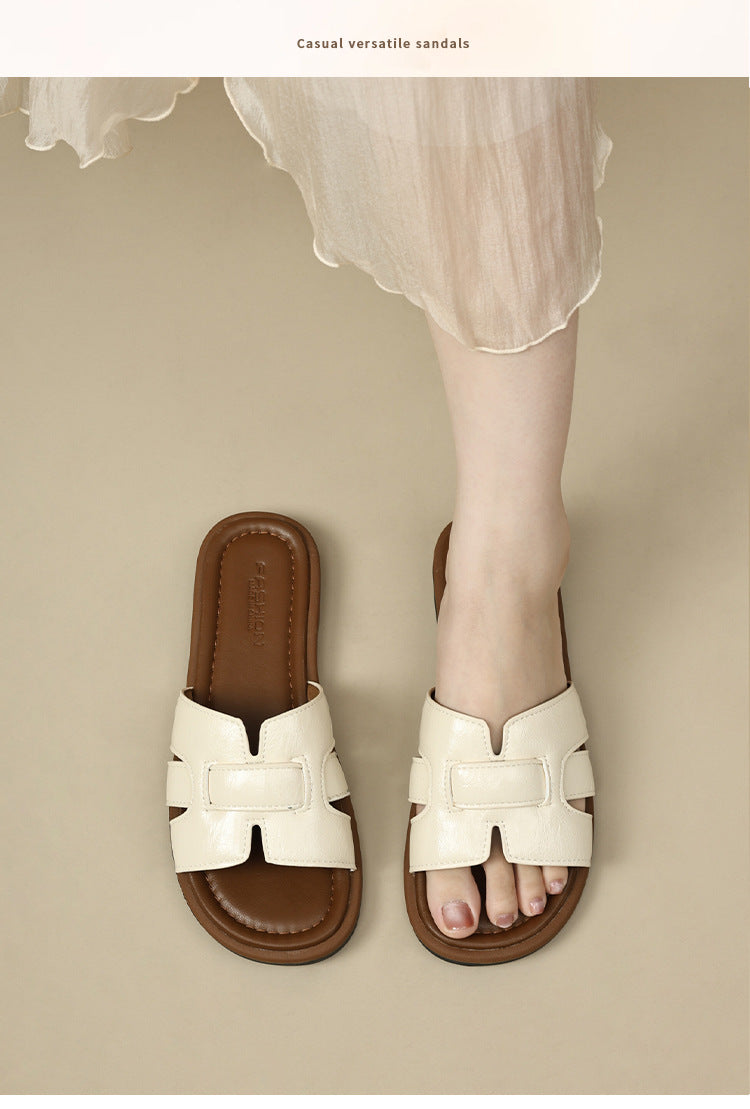 2025 New French Retro Leather Slippers Niche Casual Flat Versatile Slip-On Sandals for Women