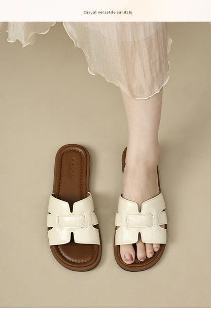2025 New French Retro Leather Slippers Niche Casual Flat Versatile Slip-On Sandals for Women