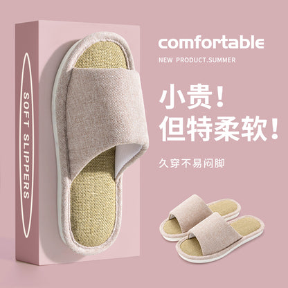 Linen Slippers for Women, Summer Breathable, Sweat-Absorbent, Non-Slip, Silent, Indoor Home Floor Cotton and Linen Slippers, Universal for All Seasons