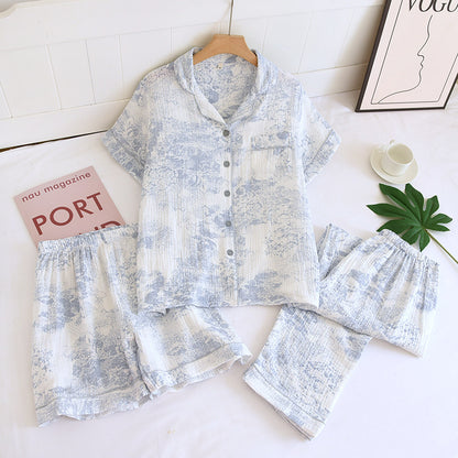 Various Style Spring and Summer Cotton Crepe Pajamas Sweet Three-Piece Short-Sleeved Trousers Spring and Autumn Loose Casual suit