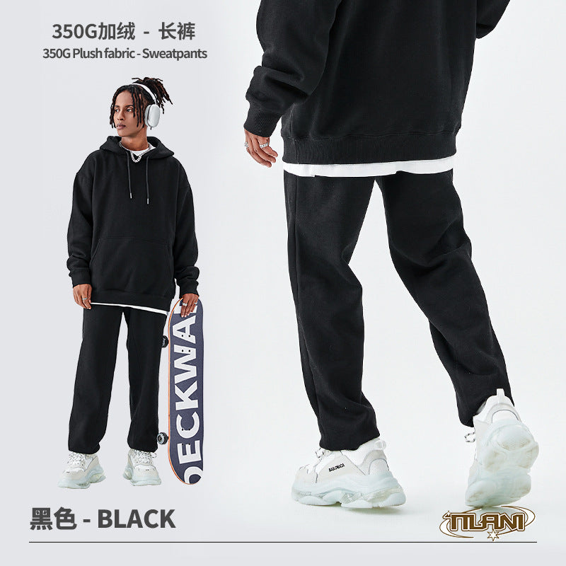Tilani Men's Clothing European and American Trendy Brand High Quality 350g Fleece-Lined Thick Men's and Women's Hooded Sweatshirt and Sweatpants Pure Color Suit