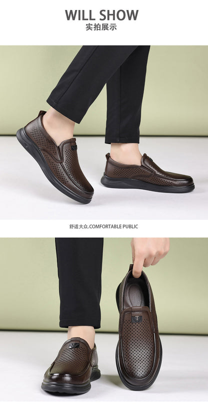 Summer Men's Shoes for Middle-Aged and Elderly People, Genuine Leather Breathable Men's Sandals, Leather Shoes, Soft Soles, Hollow Casual Shoes, Clogs