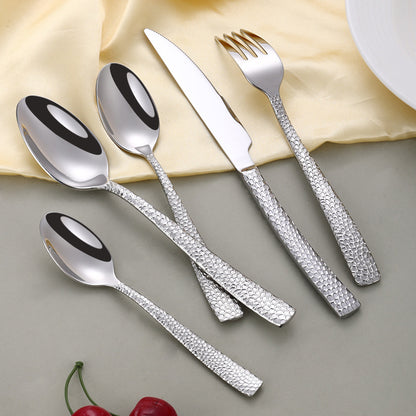 Cross-border 304 Stainless Steel Knife, Fork and Spoon Tableware Hotel Western Food Square Handle Thickened Water Cube Hammer Steak Knife, Fork and Spoon