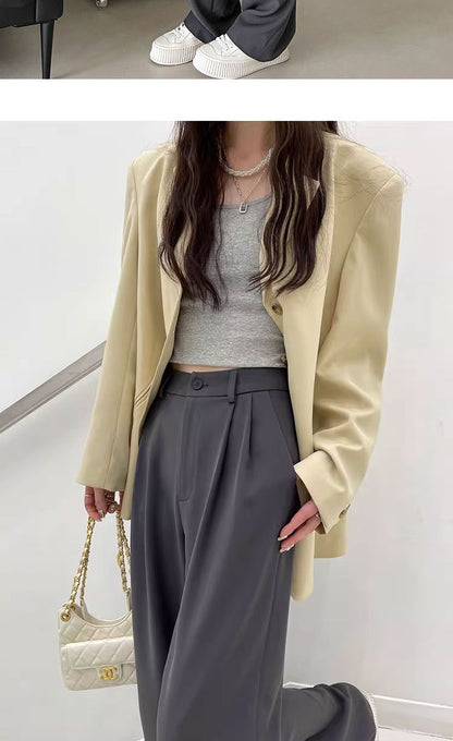 Gray Suit Pants for Women Spring and Summer New High-Waisted Double Pleated Slim Floor-Length Trousers Casual Straight Wide-Leg Pants