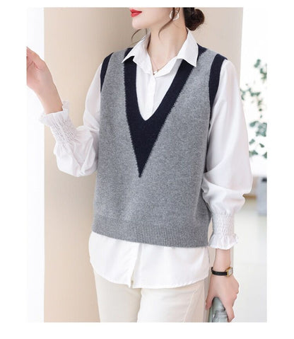 Woolen sweater knitted vest for women 2023 Autumn New sleeveless stacked color matching V-neck wool warm vest waistcoat