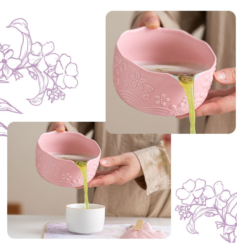 Directly Supplied from the Manufacturer, Exclusively for Cross-Border Trade, Ceramic Matcha Bowl Set with Embossed Cherry Blossom Design, 7-Piece Set with Spout, High Aesthetic Value, Color Box Packaging
