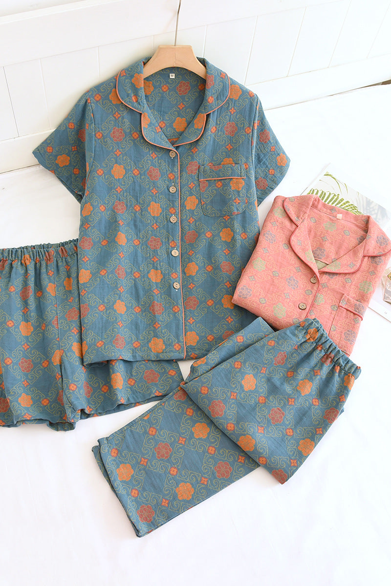 Yarn-dyed cotton pajamas women's summer short-sleeved printed summer retro loose home wear three-piece set can be worn outside