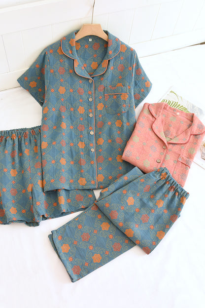 Yarn-dyed cotton pajamas women's summer short-sleeved printed summer retro loose home wear three-piece set can be worn outside