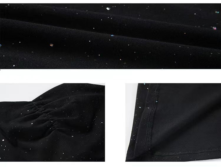 2024 Summer New Korean-style Hepburn Black Dress Mid-length Slimming Sequin Split Slim Sling Sexy dress