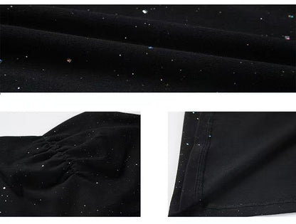 2024 Summer New Korean-style Hepburn Black Dress Mid-length Slimming Sequin Split Slim Sling Sexy dress