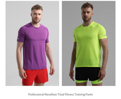 Men's Quick-drying Sports Shorts Fake Two-piece Fitness Triple Pants Marathon Running Pants Invisible Pocket for Mobile Phone
