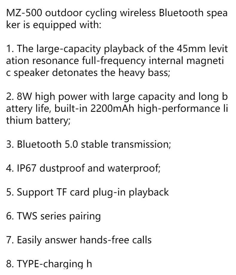 New Inwa Mz-500 Wireless Cycling Bluetooth Speaker Portable Outdoor Tws Stereo Subwoofer Card