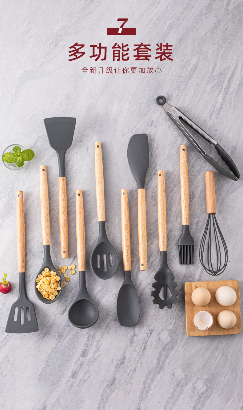 Wholesale Wooden Handle Silicone Kitchenware 12 Pieces suit Household Non-Stick Cooking High Temperature Resistant Cooking Silicone Spoon suit