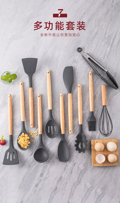 Wholesale Wooden Handle Silicone Kitchenware 12 Pieces suit Household Non-Stick Cooking High Temperature Resistant Cooking Silicone Spoon suit