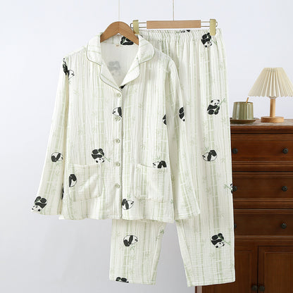 New Cotton Thickened Edge Four-Layer Gauze Women's Pajamas Cotton Warm Long-Sleeved Home Clothes for Autumn and Winter suit