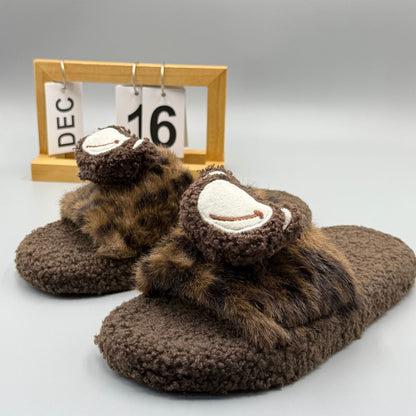 2025 Autumn and Winter New Leopard Print Warm Fur Slippers, One-Line Outer Wear Cotton Slippers, Home Slippers, Fashionable Outer Wear Slippers for Women